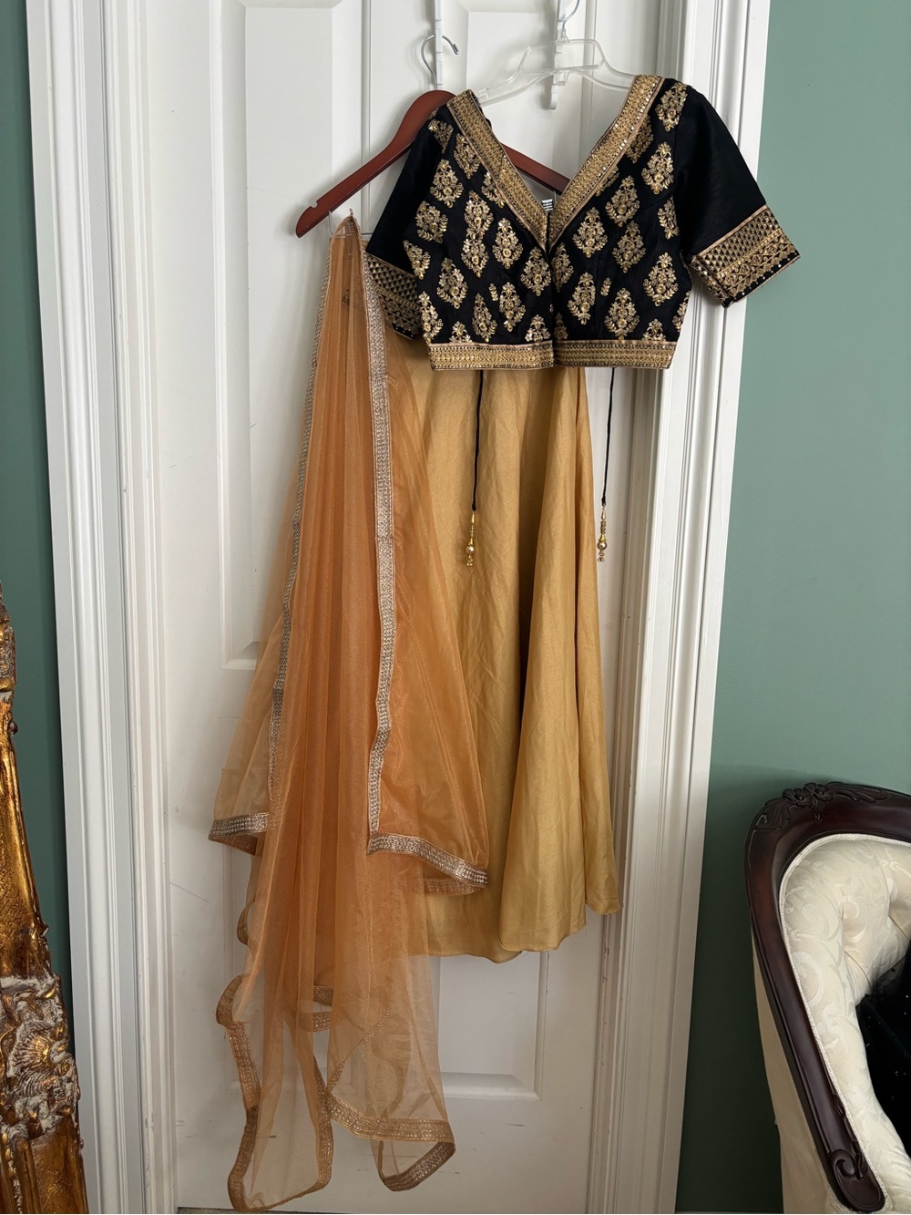 Gold and Black Embroidered Women’s 3 piece Lehenga Choli Duoetta. Large size